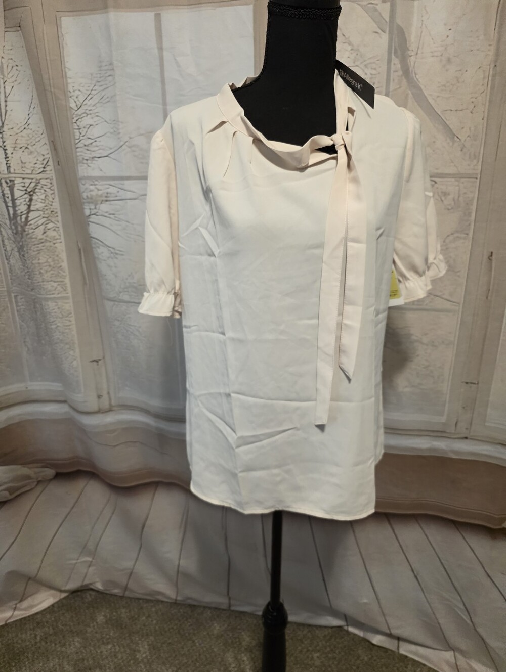 Allegra K Light Cream Tie-Neck Short Sleeve Blouse